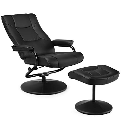 GIANTEX Sillón de Relax con Taburete, Reclinable 150° y Giratorio 360° para Salón, Estudio, Oficina, Color Negro (Negro)