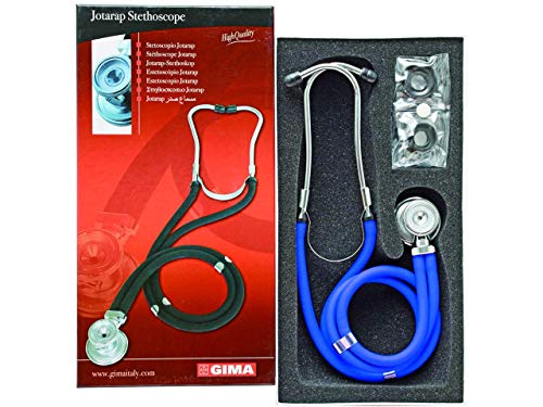 GIMA ref 32581 Estetoscopio Duofono Jotarap Sprague Rappaport, lira, azul, 56cm, doble cabeza, latex free, 5 instrumentos en 1, kit de accesorios con 3 campanas, membranas y olivas de recambio