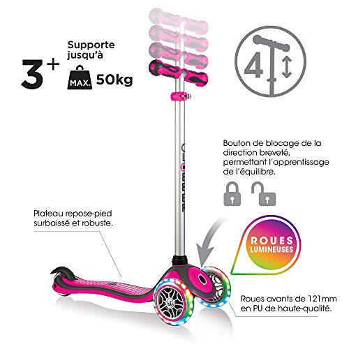 Globber - Primo Plus Lights - Patinete Iluminado de 3 Ruedas para niños de 3 a 9 años +, Rosa Intenso