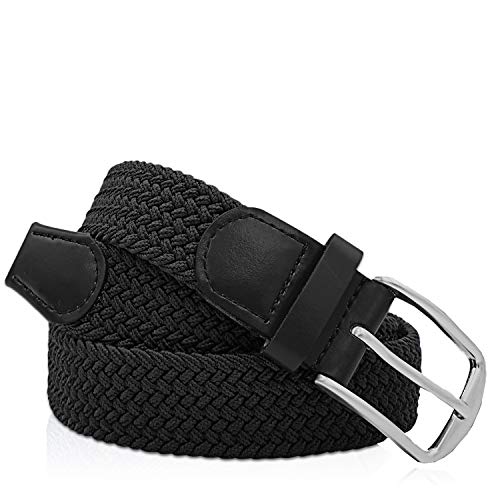 Gloop - Cinturón de piel elástico unisex trenzado, elástico, de tela elástica, para hombre y mujer, 18730a1, color negro, longitud total sin hebilla, 95 cm