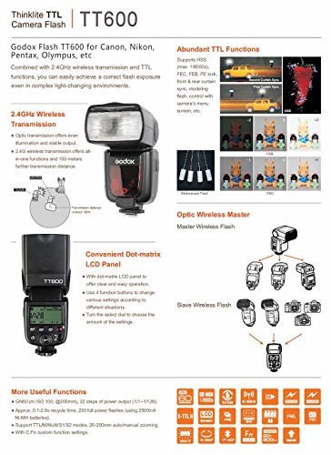Godox TT600 Speedlite Flash con Transmisión Inalámbrica 2.4G Inalámbrica para Canon, Nikon, Pentax, Olympus y Otras Cámaras Digitales con Hotshoe Estándar con Difusor NAMVO