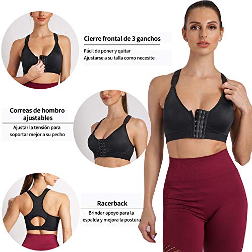Gotoly Mujer Sujetador Deportivo de Cierre Frontal Sujetador para Postoperatorio Ropa interio sin Costura Racerback (Negro, Small)