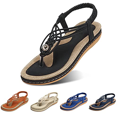 gracosy Sandalias Planas Verano Mujer Estilo Bohemia Zapatos de Dedo Sandalias Talla Grande Cinta Casuales Playa Chanclas Romanas de Mujer 2020 Azul Negro Moda
