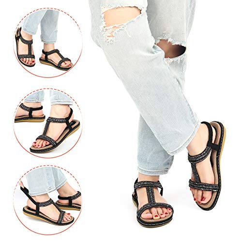 gracosy Sandalias Planas Verano Mujer Estilo Bohemia Zapatos para Mujer de Dedo Sandalias Talla Grande 37-43 Cinta Elástica Casuales de Playa Chanclas Romanas de Mujer Negro Beige 2020
