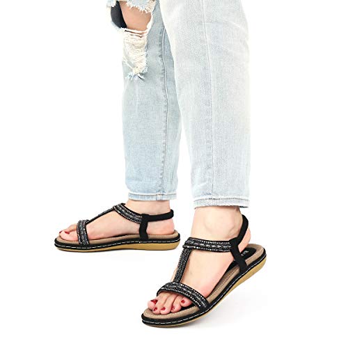 gracosy Sandalias Planas Verano Mujer Estilo Bohemia Zapatos para Mujer de Dedo Sandalias Talla Grande 37-43 Cinta Elástica Casuales de Playa Chanclas Romanas de Mujer Negro Beige 2020