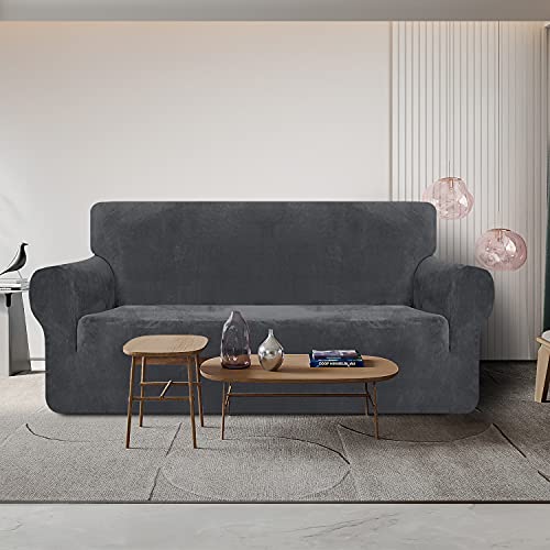 Granbest Funda de sofá de terciopelo supersuave de 3 plazas, elegante y lujosa funda de sofá de felpa con bandas de espuma de spandex reforzado, para la protección de muebles, 1 unidad, gris