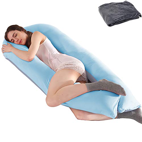 Grandma Shark Almohada de Maternidad de algodón en Forma de U y Almohada de Maternidad con (Azul 170cm+Funda de Almohada)