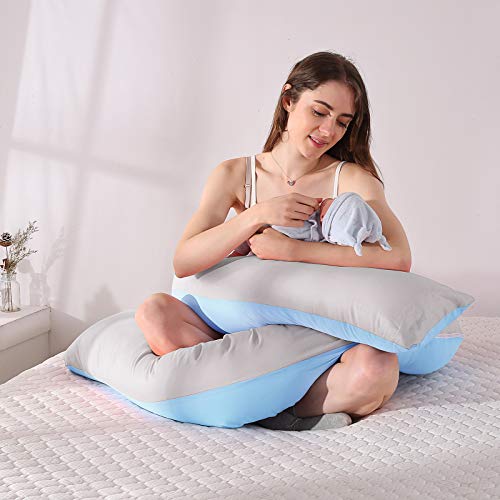 Grandma Shark Almohada de Maternidad de algodón en Forma de U y Almohada de Maternidad con (Azul 170cm+Funda de Almohada)