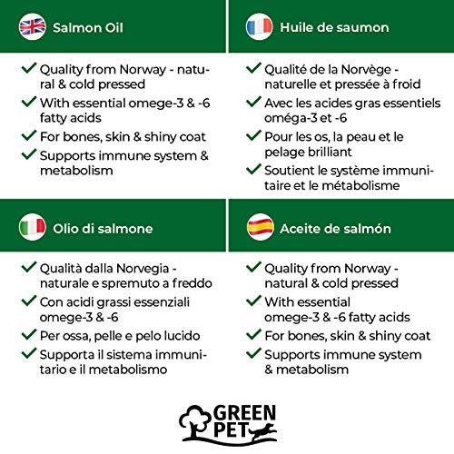 GreenPet Aceite de salmón 5 Litros para Perros, Gatos y Caballos, ácidos grasos omega-3, producto puro 100% natural, ideal como complemento alimenticio diario, suplemento de barf