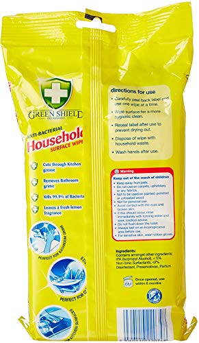 Greenshield Toallitas Desinfectantes para Manos y Superficies, Elimina El 99,9% de Bacterias y Virus, Antivirales, Amarillo, 50 Unidades