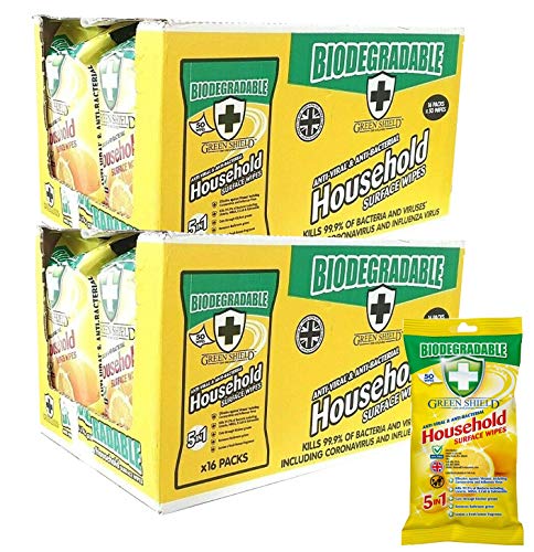 Greenshield Toallitas Desinfectantes para Manos y Superficies, Elimina El 99,9% de Bacterias y Virus, Antivirales, Amarillo, 50 Unidades