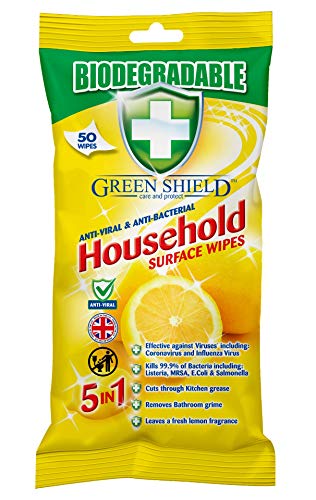 Greenshield Toallitas Desinfectantes para Manos y Superficies, Elimina El 99,9% de Bacterias y Virus, Antivirales, Amarillo, 50 Unidades