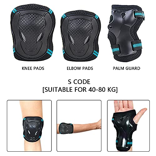 Greyoe Protecciones Patines, Juego de Equipo de protección, 6 Rodilleras, Coderas y Muñequeras para Niños y Adultos, Patinaje sobre Ruedas, Patinaje y Patinaje Deportivo (Negro Azul)