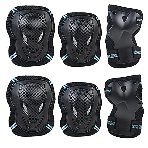 Greyoe Protecciones Patines, Juego de Equipo de protección, 6 Rodilleras, Coderas y Muñequeras para Niños y Adultos, Patinaje sobre Ruedas, Patinaje y Patinaje Deportivo (Negro Azul)