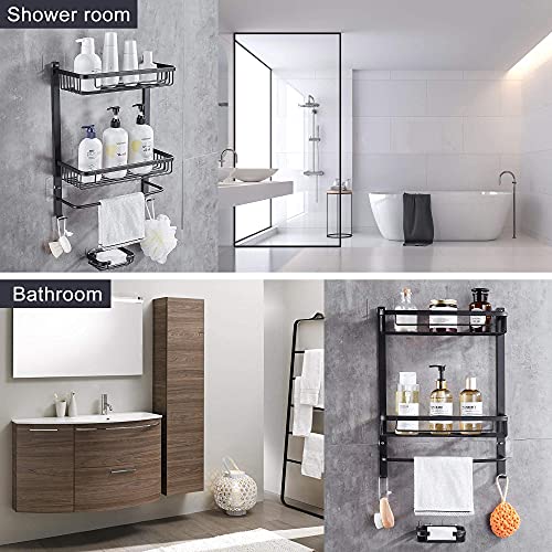 GRICOL Estante de Ducha Sin Taladrar en Aluminio Aeronautico Rectangular Estanteria Baño Autoadhesivas Antioxidantes con Jabonera Organizador de Esponja para Baño Cocina 2 Piezas (Negro)
