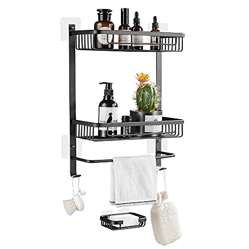 GRICOL Estante de Ducha Sin Taladrar en Aluminio Aeronautico Rectangular Estanteria Baño Autoadhesivas Antioxidantes con Jabonera Organizador de Esponja para Baño Cocina 2 Piezas (Negro)