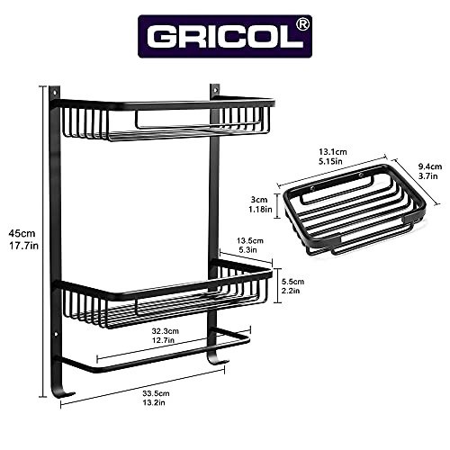 GRICOL Estante de Ducha Sin Taladrar en Aluminio Aeronautico Rectangular Estanteria Baño Autoadhesivas Antioxidantes con Jabonera Organizador de Esponja para Baño Cocina 2 Piezas (Negro)