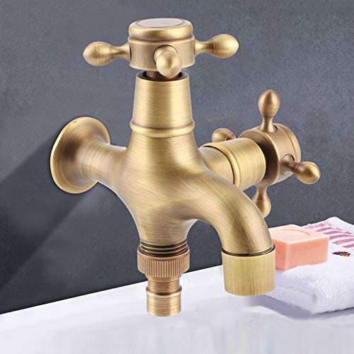 Grifo de agua de rosca G1/2in, grifo de cobre simple para baño, lavadora, fregadero, grifo de agua para piscina con doble salida de agua, oro retro