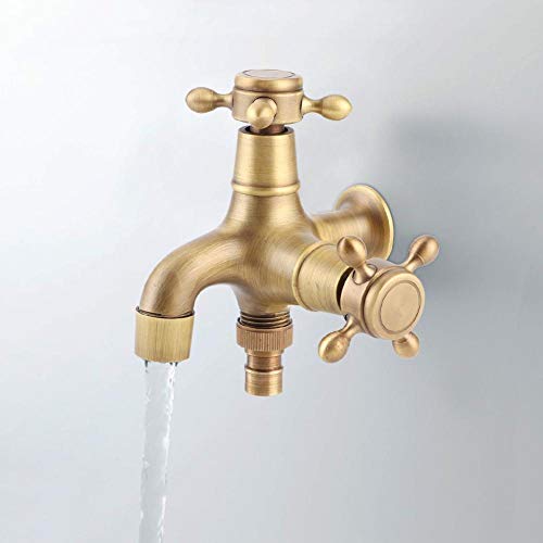 Grifo de agua de rosca G1/2in, grifo de cobre simple para baño, lavadora, fregadero, grifo de agua para piscina con doble salida de agua, oro retro