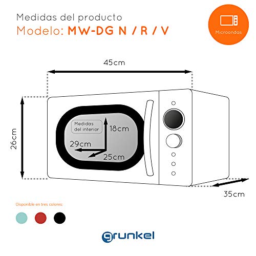 Grunkel - MW-DG V - Microondas digital de 20l de capacidad con diseño vintage y 6 niveles de potencia. Función de descongelación y temporizador de hasta 60 min - 700W - Azul