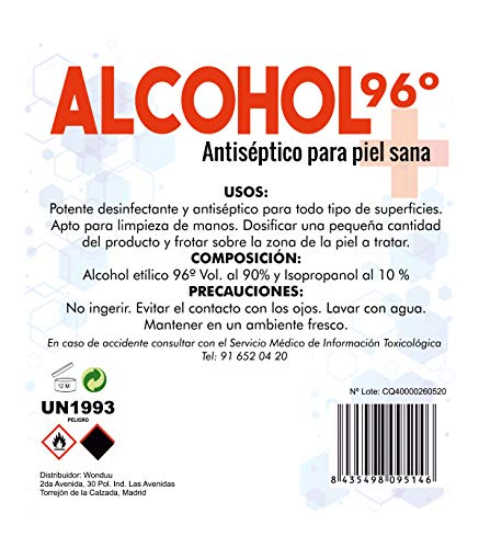 Grupo K-2 Wonduu Alcohol Etílico 96º, Antiséptico y Bactericida | Botella De 1 Litro.
