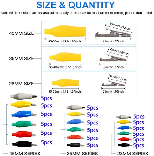 GTIWUNG 90Pcs 28/35/45mm Crocodile Clip, Pinzas de Clip de Cocodrilo con la cubierta de aislamiento protectora + 10Pcs Cocodrilo Cable Puente de Doble Final de 45cm