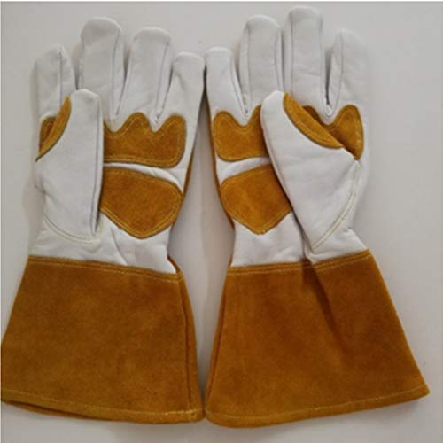 Guantes de cuero para trabajo, anti escaldado, aislante del calor, trabajo multifuncional cómodo, guantes de soldadura eléctricos resistentes a los pinchazos y resistentes a la abrasión con muñeca,M