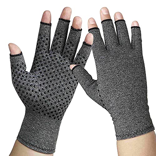 Guantes para artritis, manos y muñecas, guantes para artritis, sin dedos, para mujeres y hombres, guantes de compresión grises, alivian los síntomas de la artritis y túnel carpiano [un par] (L)