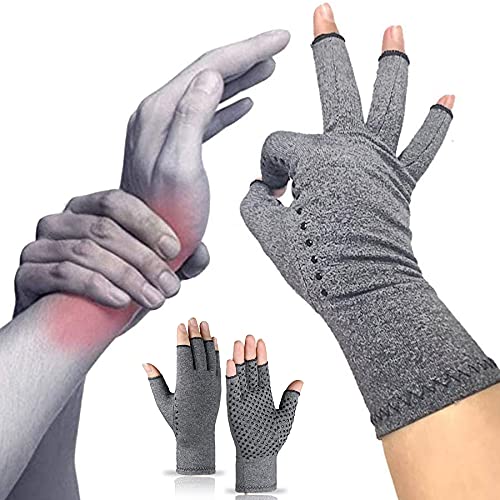Guantes para artritis, manos y muñecas, guantes para artritis, sin dedos, para mujeres y hombres, guantes de compresión grises, alivian los síntomas de la artritis y túnel carpiano [un par] (L)