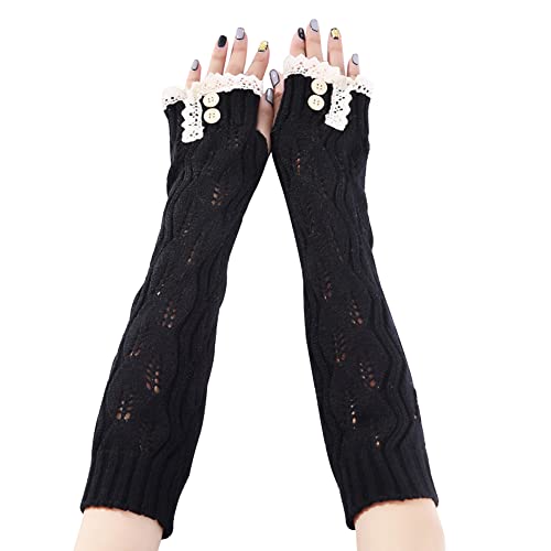 Guantes Sin Dedos Para Mujer de Punto,MoreChioce Calentadores de Brazos Largos Guantescalentadores de Invierno Guantes Sin Dedos de Muñeca con Orificio Para El Pulgar con Botón de Encaje, Negro