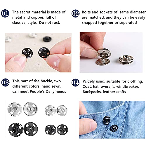 GZGXKJ 30 Kit Plata Conjunto de Botones a Presión de Metal Negro Corchetes de Presión Metálicos Botones a Presión de Costura de Metal DIY de artesanía(12 mm）