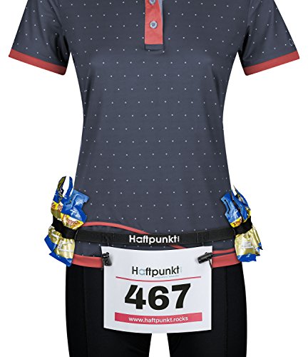 Haftpunkt Cinturón número de Carreras (con 6 Hebillas elásticas) - para Fijar y Sujetar el Dorsal de Carrera - cinturón de Carreras para maratones, triatlón o Ciclismo (Negro)