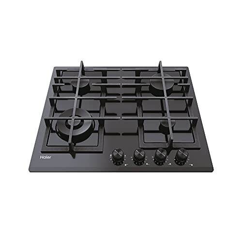 Haier Series 4 HAVG6BF4HB- Placa de Gas, 4 Fuegos, Ancho 60cm, Potencia total 9,65kW, Mandos centrales, 9 niveles de potencia, Rejillas de hierro fundido, Preci Flame, Cristal Negro Biselada