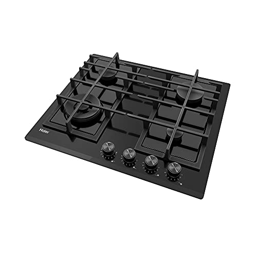 Haier Series 4 HAVG6BF4HB- Placa de Gas, 4 Fuegos, Ancho 60cm, Potencia total 9,65kW, Mandos centrales, 9 niveles de potencia, Rejillas de hierro fundido, Preci Flame, Cristal Negro Biselada