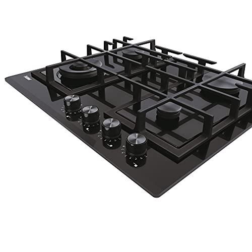 Haier Series 4 HAVG6BF4HB- Placa de Gas, 4 Fuegos, Ancho 60cm, Potencia total 9,65kW, Mandos centrales, 9 niveles de potencia, Rejillas de hierro fundido, Preci Flame, Cristal Negro Biselada