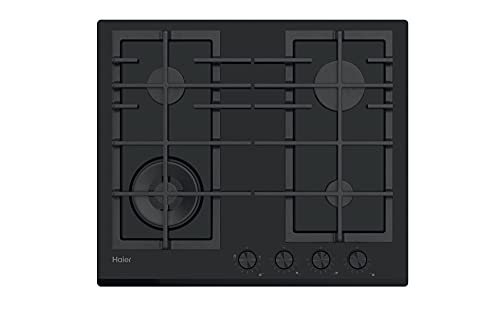 Haier Series 4 HAVG6BF4HB- Placa de Gas, 4 Fuegos, Ancho 60cm, Potencia total 9,65kW, Mandos centrales, 9 niveles de potencia, Rejillas de hierro fundido, Preci Flame, Cristal Negro Biselada