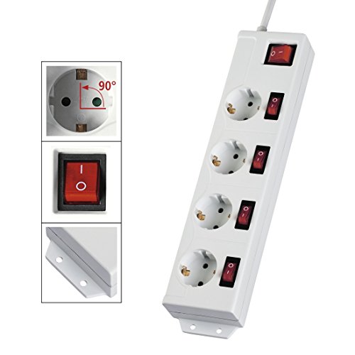 Hama Regleta de 4 enchufes conmutable Individualmente, Montaje en Pared, Distancia de enchufes Extragrande, Enchufe Giratorio 90 ° para colocación Recta, Cable de 1,4 m, Color Blanco