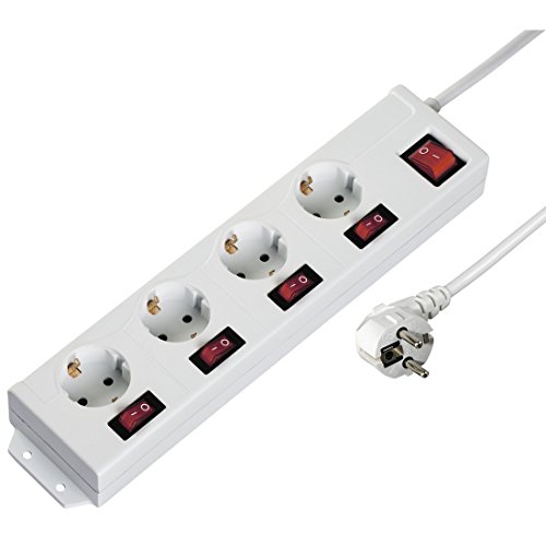 Hama Regleta de 4 enchufes conmutable Individualmente, Montaje en Pared, Distancia de enchufes Extragrande, Enchufe Giratorio 90 ° para colocación Recta, Cable de 1,4 m, Color Blanco