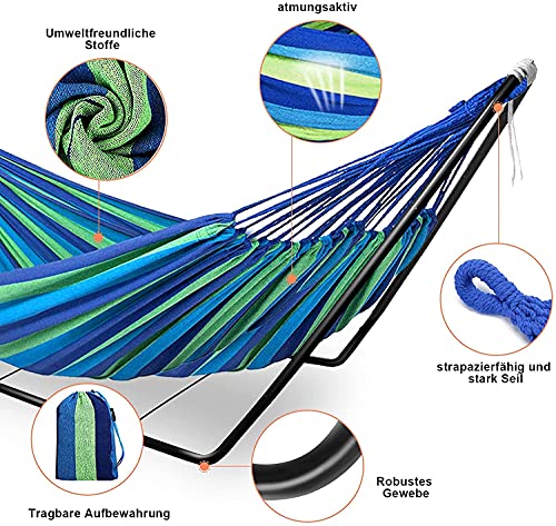 Hamaca con Soporte Metalico Hamaca de Doble personas Algodón Portátil con Bolsa para Niños Adultos Camping Viajes Playa Terraza Playa Mochileros, 200*150cm, Carga MAX 150kg