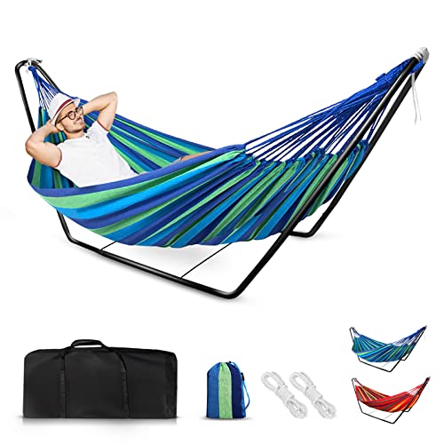 Hamaca con Soporte Metalico Hamaca de Doble personas Algodón Portátil con Bolsa para Niños Adultos Camping Viajes Playa Terraza Playa Mochileros, 200*150cm, Carga MAX 150kg