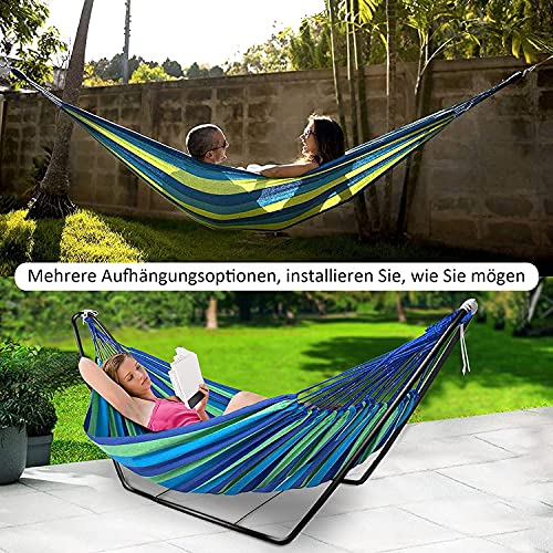Hamaca con Soporte Metalico Hamaca de Doble personas Algodón Portátil con Bolsa para Niños Adultos Camping Viajes Playa Terraza Playa Mochileros, 200*150cm, Carga MAX 150kg