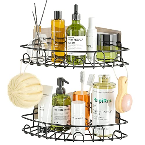 HapiRm Estantería Esquinera Para Ducha, Estantería De Baño, Sin Taladrar, De Acero Inoxidable, Soporte Para Champú, Cesta De Ducha, Con 4 Ganchos, Para Ducha, Cocina, Baño, Con 8 Pegatinas, Negro