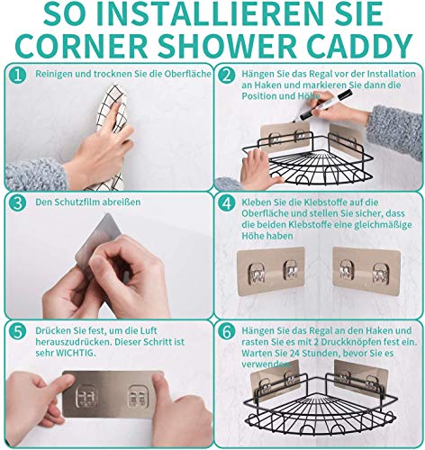 HapiRm Estantería Esquinera Para Ducha, Estantería De Baño, Sin Taladrar, De Acero Inoxidable, Soporte Para Champú, Cesta De Ducha, Con 4 Ganchos, Para Ducha, Cocina, Baño, Con 8 Pegatinas, Negro
