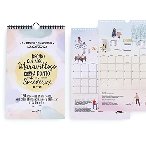 Happymots Pack 2u Calendario Pared tamaño A4 - 13 Meses - Decido que Algo Maravilloso está a Punto de Sucederme: 160 Poderosas Afirmaciones, Para Crear Abundancia, Amor y Bienestar en Tu Día A Día