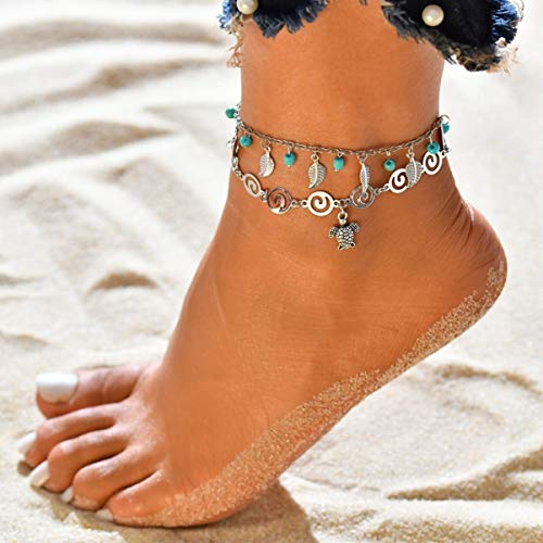Happyyami Tobillo Náutico Estilo Étnico Doble Capa Cadena de Pie de Metal Boho Borla Encanto Pulsera para Mujer Dama Niña Fiesta en La Playa (Tortuga Marina)