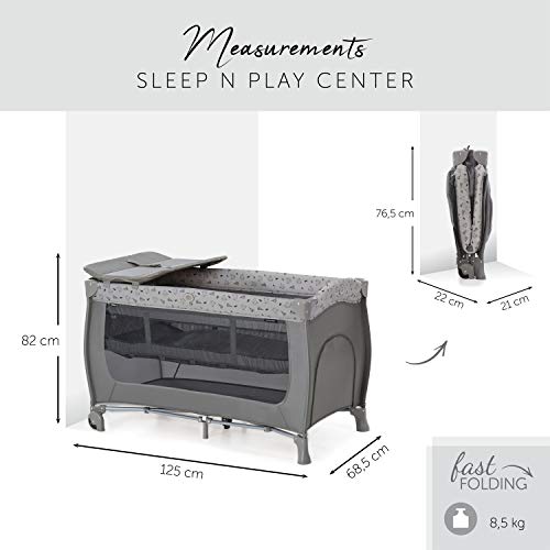 Hauck Cuna de Viaje Sleep N Play Center, de Nacimiento hasta 15 kg, 120 x 60 cm, Doble Altura, Cambiador, Ruedas, Entrada Lateral, Plegable, Bolsa de Transporte, Gris Nordic