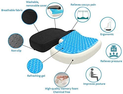 Healing way - Cojín ortopédico de gel con memoria de forma eficaz para aliviar el dolor de espalda y coccyx – Cómodo, corrige el asiento, para oficina, silla de ruedas y pelota de masaje