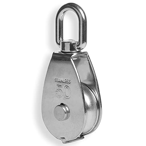 HEAVYTOOL® - Polea (acero inoxidable, 50 mm, con eslabón giratorio, V2A AISI304, peso soportado: 400 kg, soporta hasta 1900 kg)