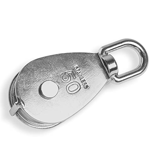 HEAVYTOOL® - Polea (acero inoxidable, 50 mm, con eslabón giratorio, V2A AISI304, peso soportado: 400 kg, soporta hasta 1900 kg)