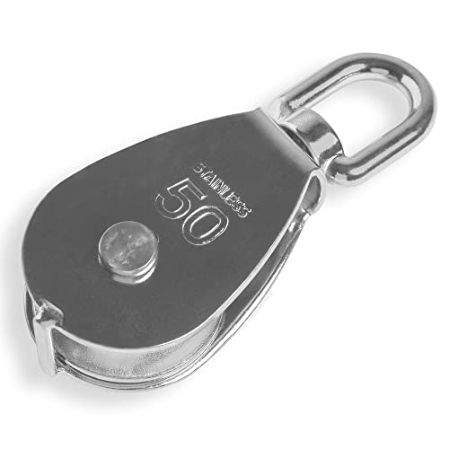 HEAVYTOOL® - Polea (acero inoxidable, 50 mm, con eslabón giratorio, V2A AISI304, peso soportado: 400 kg, soporta hasta 1900 kg)